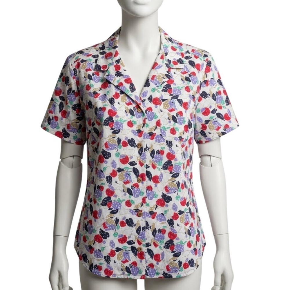 Vintage Jantzen Short Sleeve Fruit Print Button Down Shirt Notched Collar Sz 12